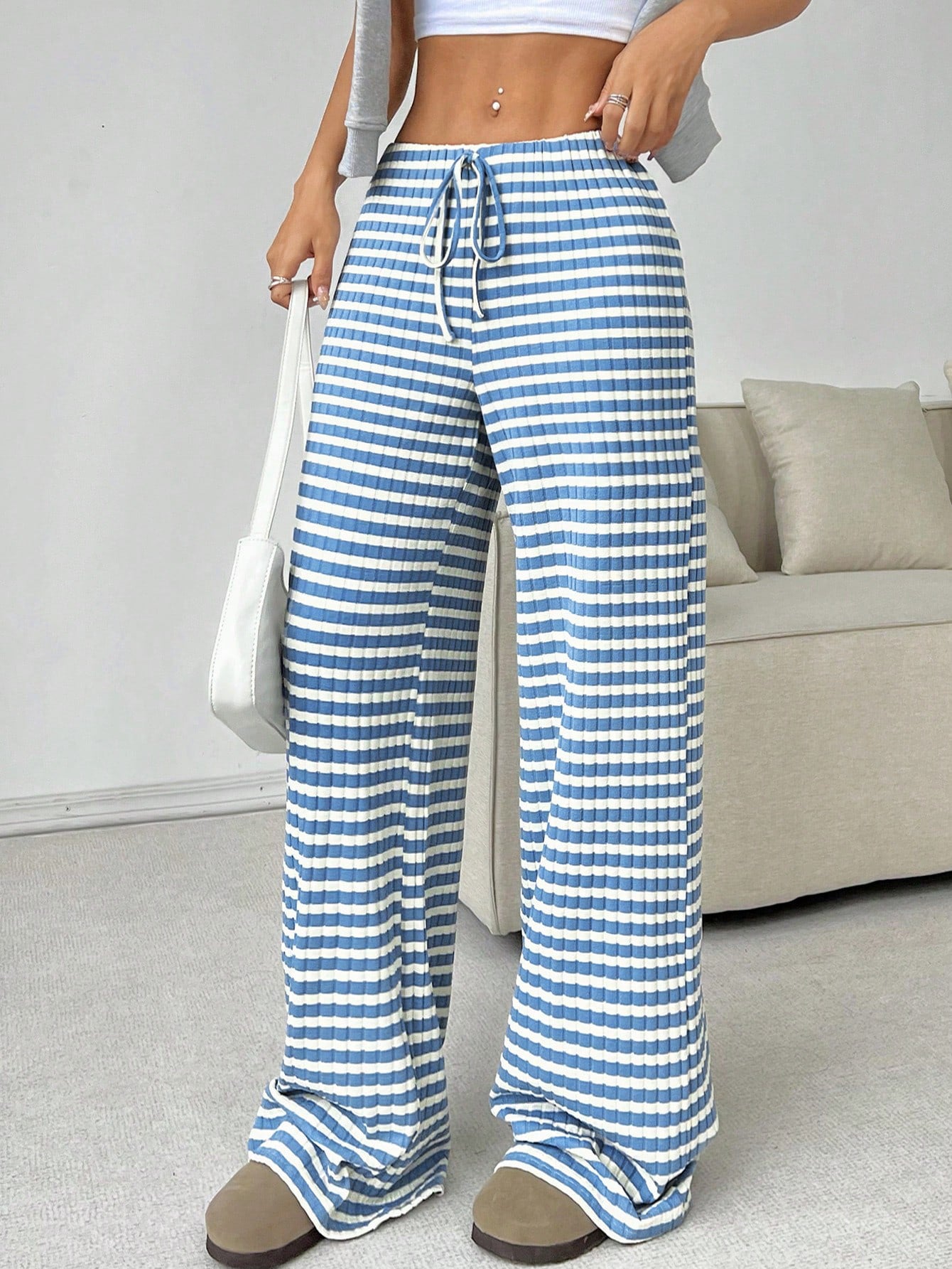 Striped Rubber Band Drawstring Straight Leg Pants