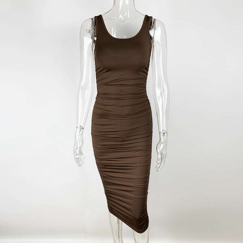 Solid Color Tight Backless Sleeveless Pleated Dress