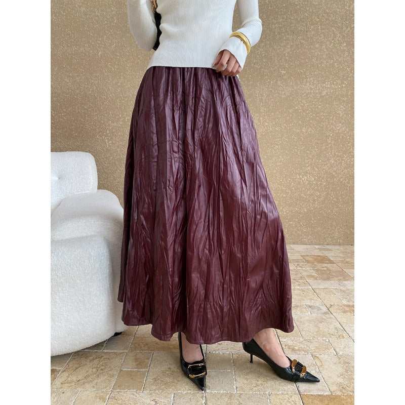 Vintage Pleated Texture Elastic High Waist Faux Leather Skirt