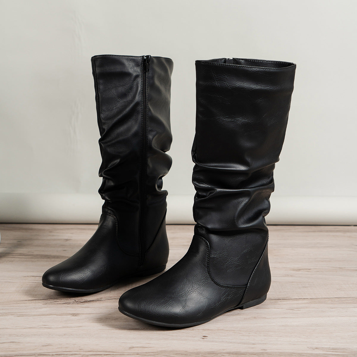 Pleated High Top Inner Zipper Flat Bottom round Head Boots