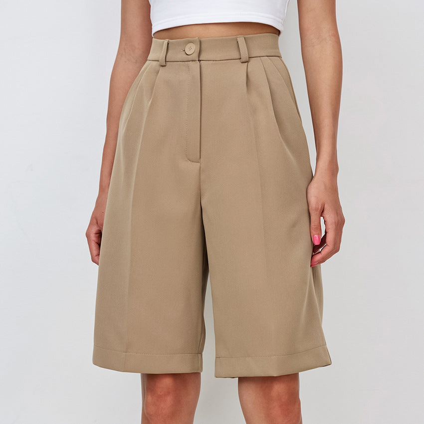 Pantalones cortos informales de cintura alta de color caqui para oficina