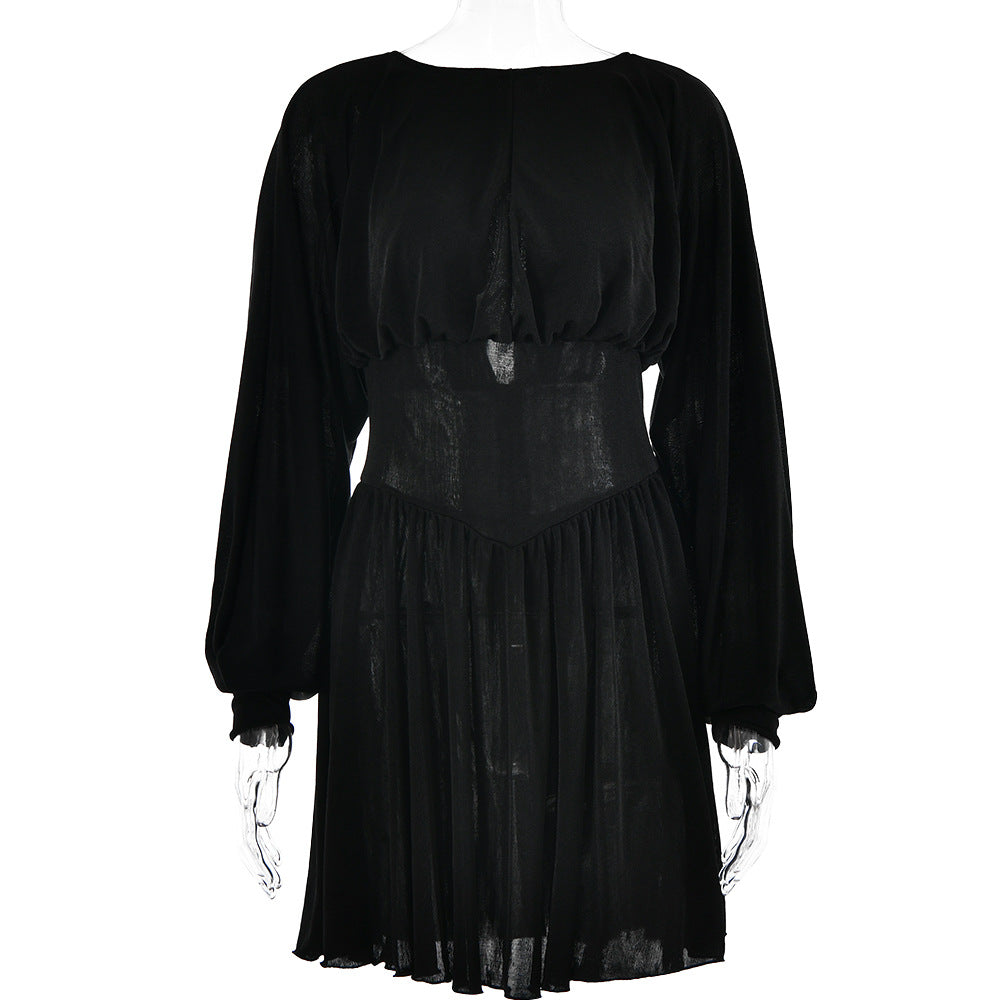 Round Neck Lantern Sleeve Sexy Slimming Pleated Dress