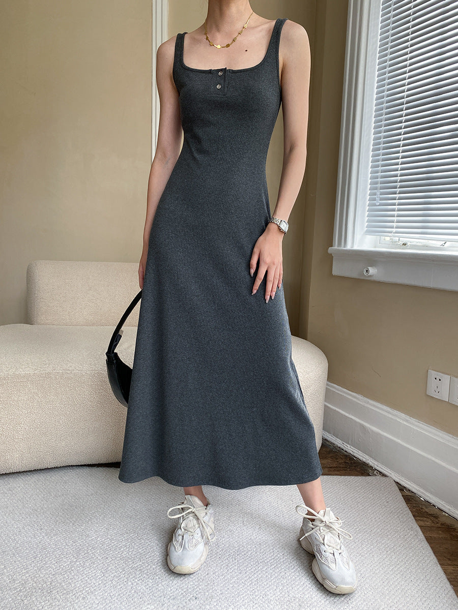 Casual jurk met twee knoppen en vierkante kraag