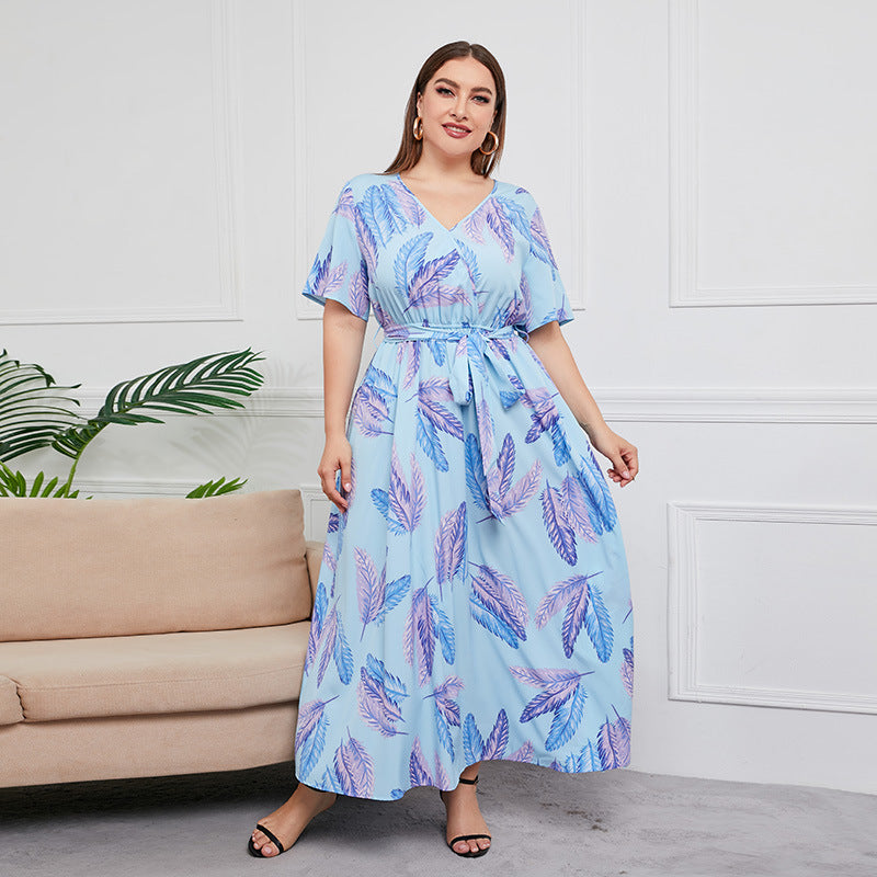 Plus Size High Waist Western V-neck Midi Dress