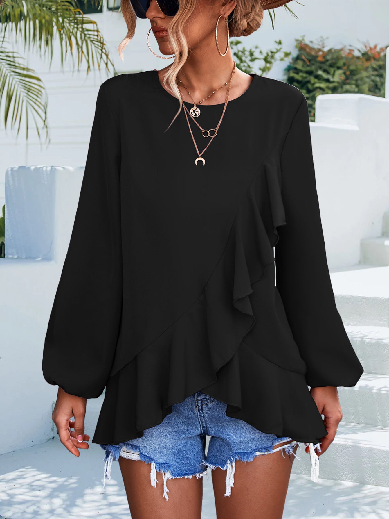 Ruffles Lantern Sleeve Irregular Asymmetric Top Shirt