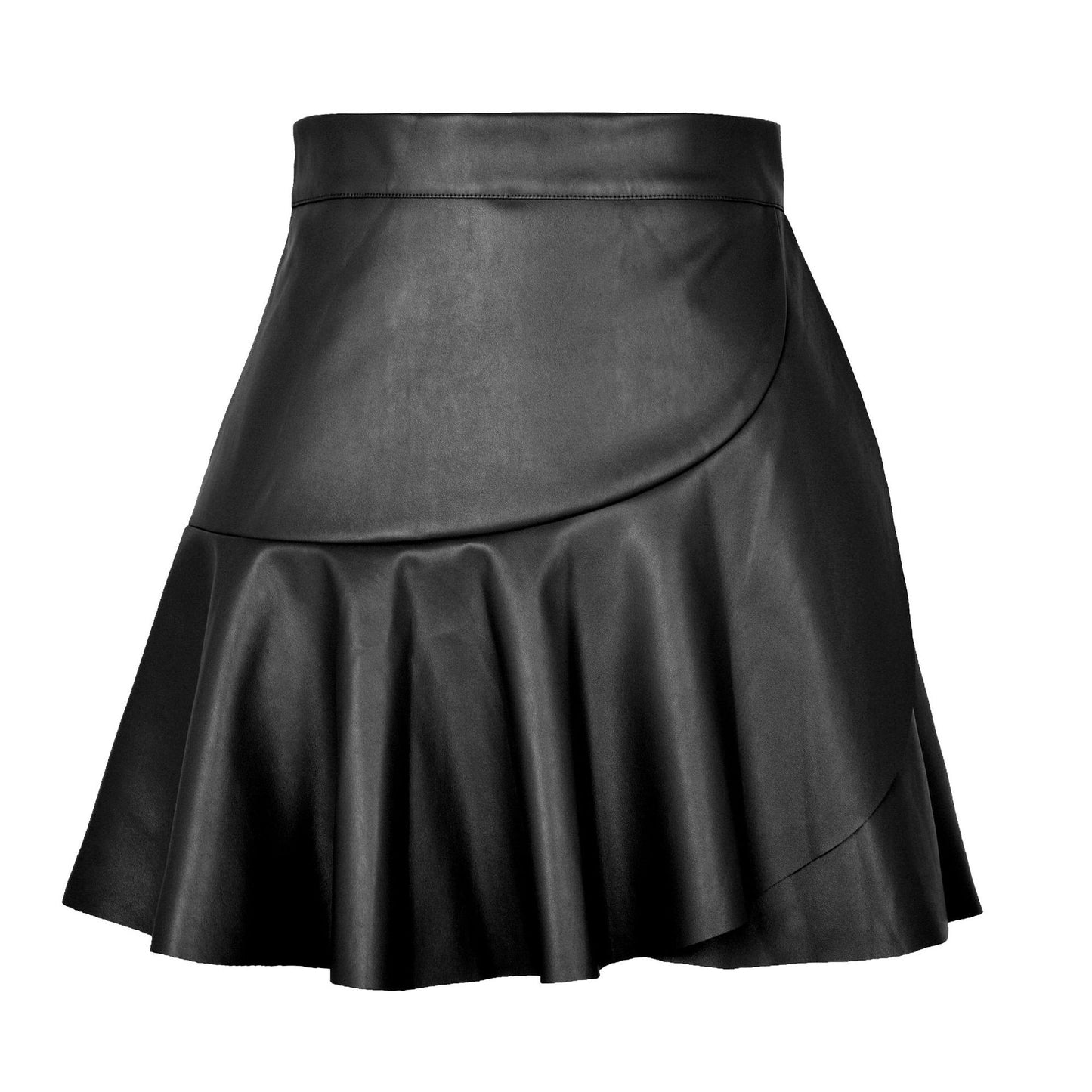 High Waist Ruffles Irregular Asymmetric Leather Skirt