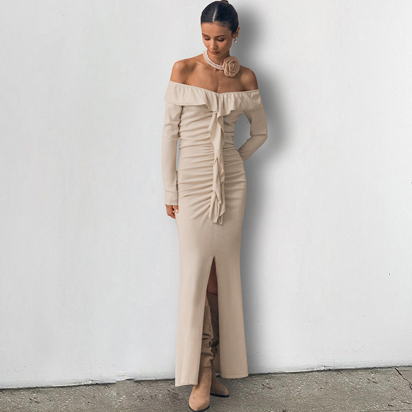 Khaki Off-Shoulder Röhrenoberteil Split Fishtail Kleid