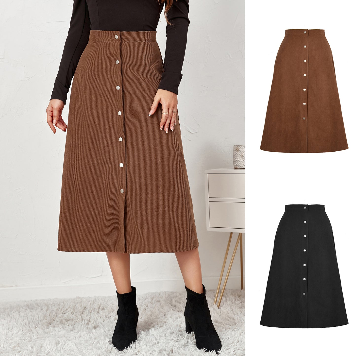 Single Breasted High Waist Autumn Winter Maxi Skirt