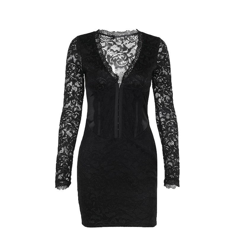 Elegant Sexy Long Sleeve Lace Mini Dress