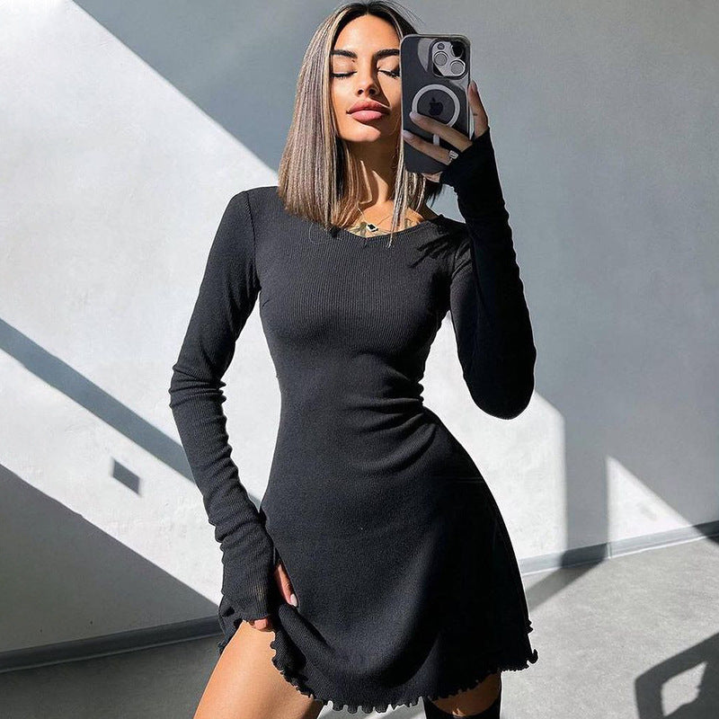 Solid Color Back Lace up Waist Controlled Dress