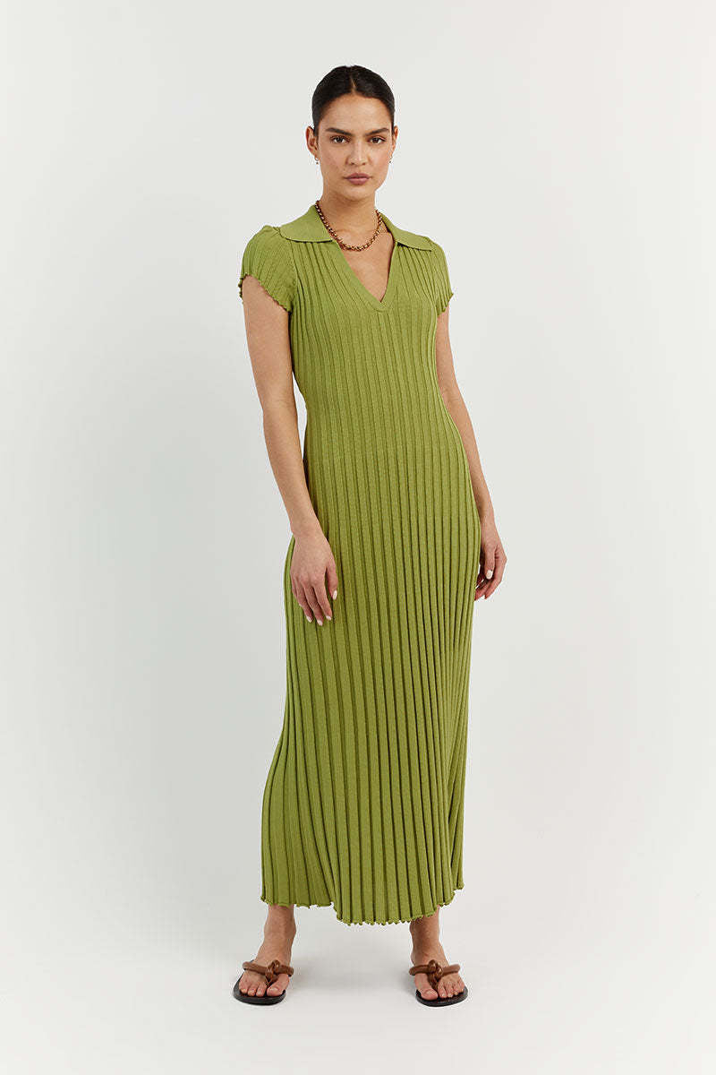 Tight Collared V Neck Sunken Stripe Slimming Knitted Maxi Dress