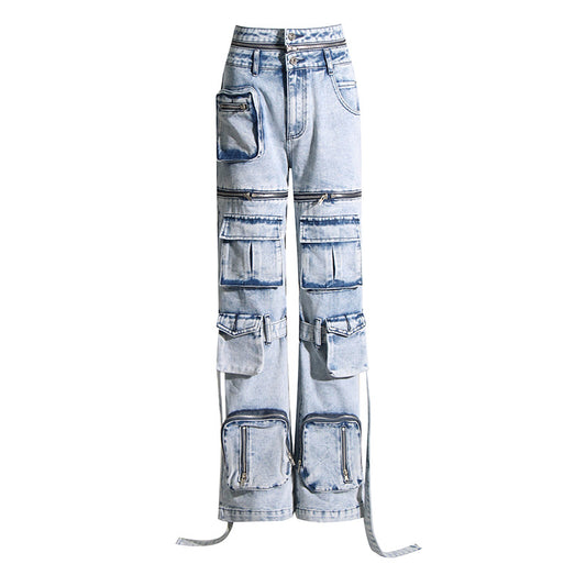 Patchwork Pocket Deconstructed High Waist Straight Jeans