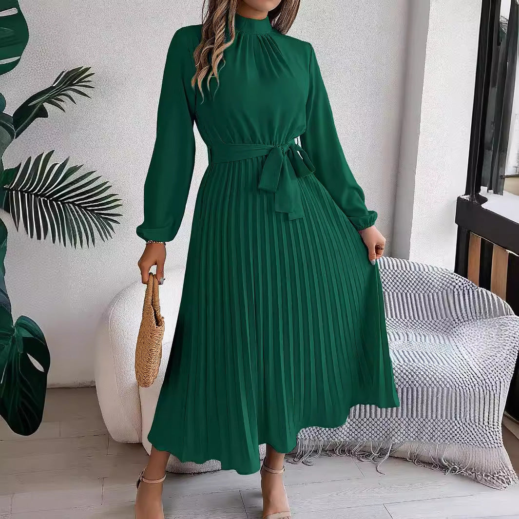 Elegant Stand Collar Long Sleeve Cinched Pleated Dress