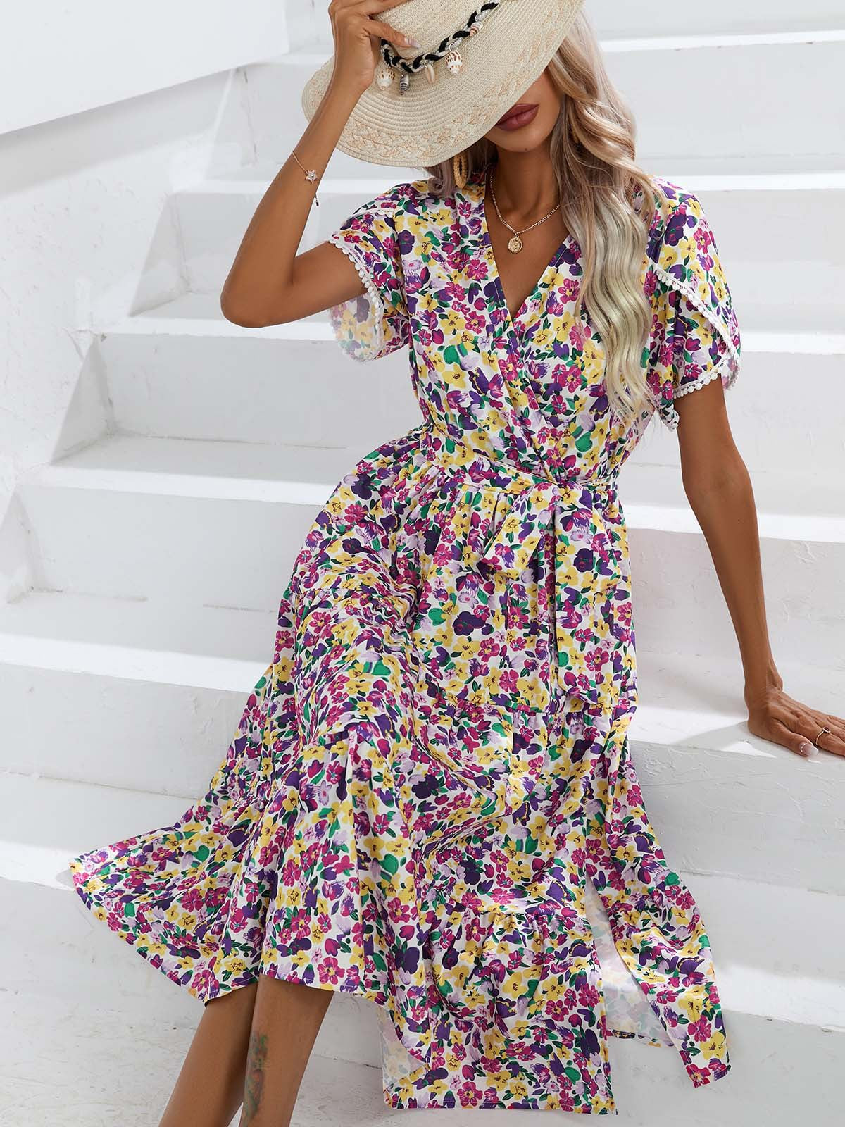 Floral Split V Neck Dress