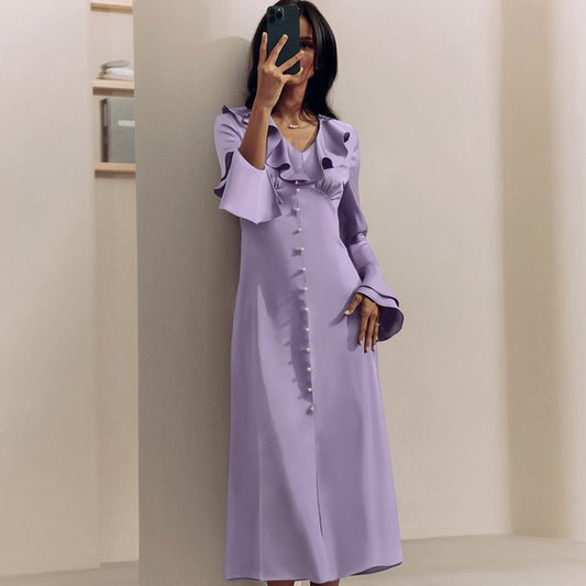 Satin V Neck Flared Sleeves High Waist Ruffles Dress