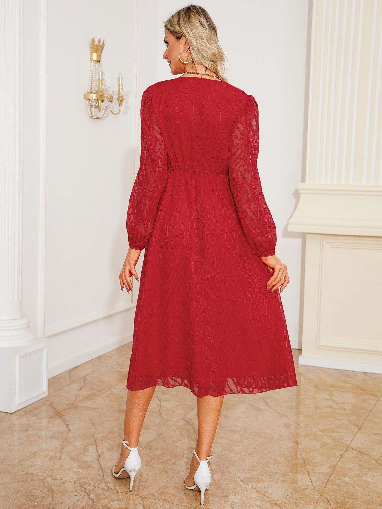 Retro V Neck Long Sleeve Big Hem A Line Jacquard Dress