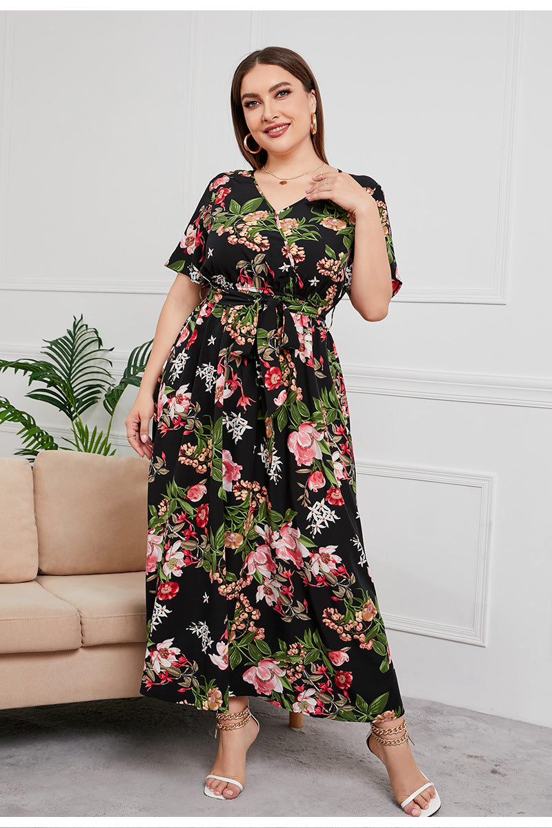 Plus Size High Waist Western V-neck Midi Dress