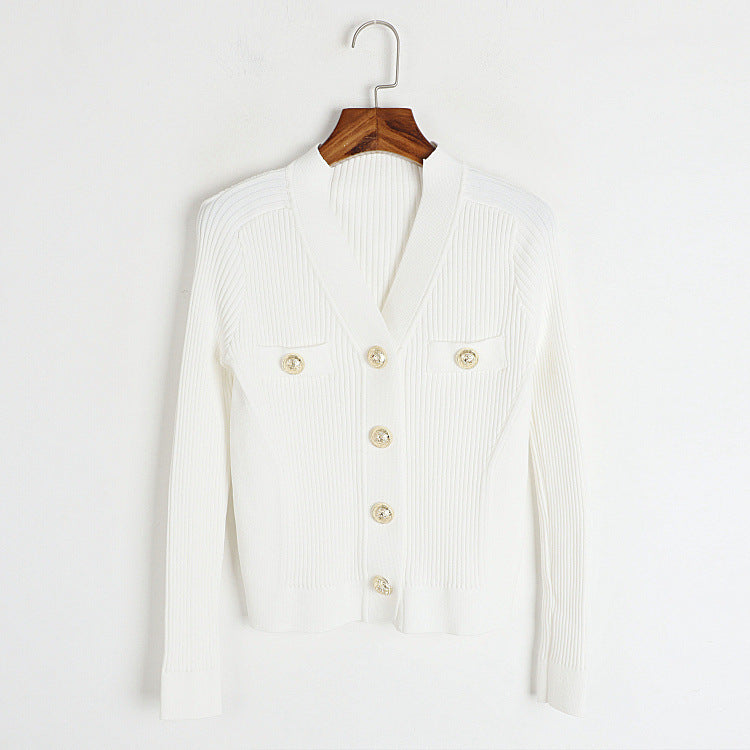 Conjunto de fivela de metal com gola redonda, início do outono e inverno, jaqueta francesa com bolso falso e saia de malha de duas peças