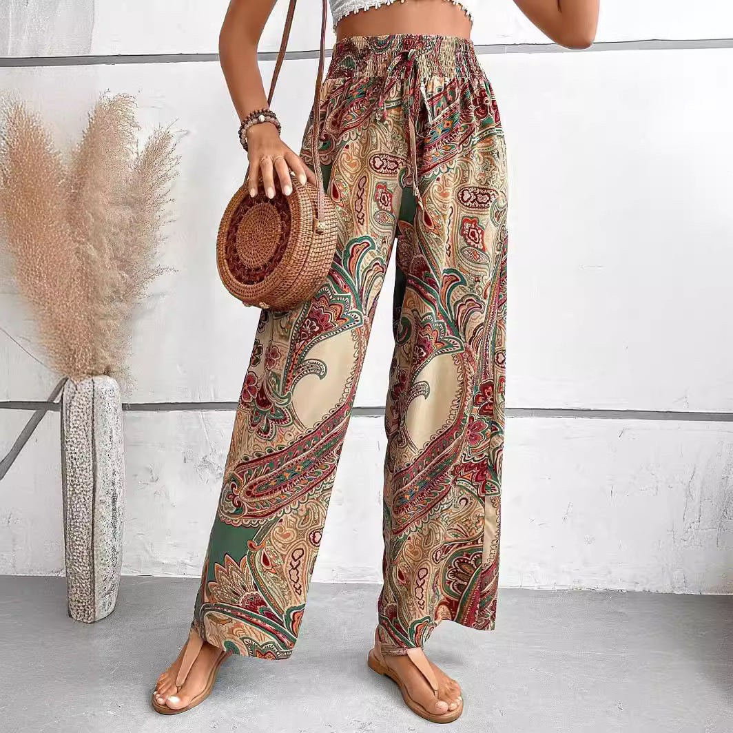 Summer All Match Printed Elastic Waist Wide Leg Pants