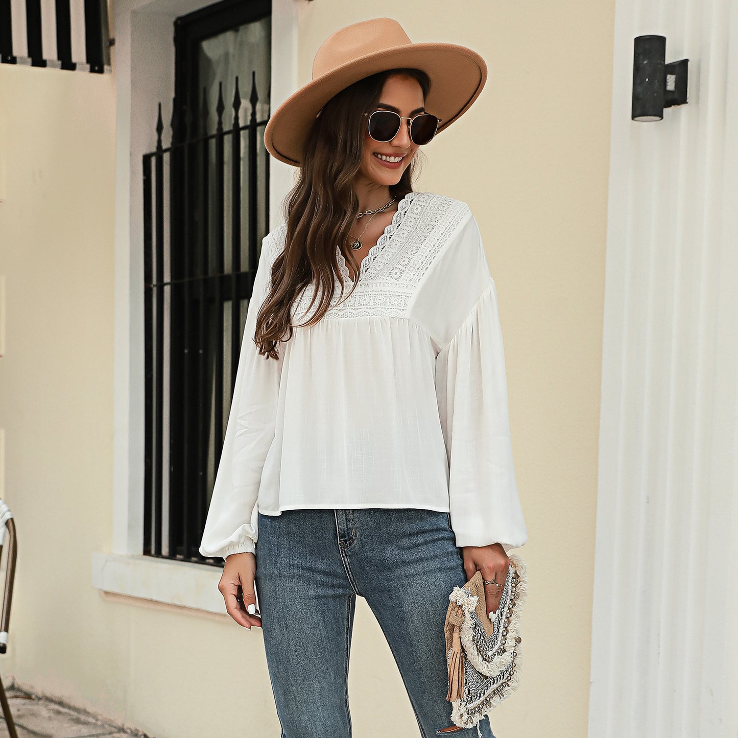 Top camicia in chiffon con maniche a lanterna