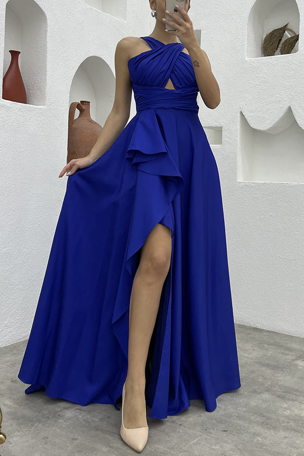 Sexy Sleeveless Solid Color Irregular Asymmetric Maxi Dress