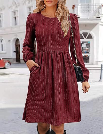 Round Neck Pocket Knitted Sweater Long Sleeve A Line Dress