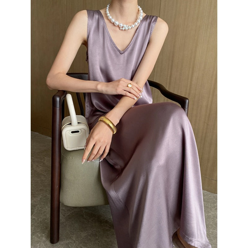 Elegant V Neck Draping Satin Sleeveless Dress