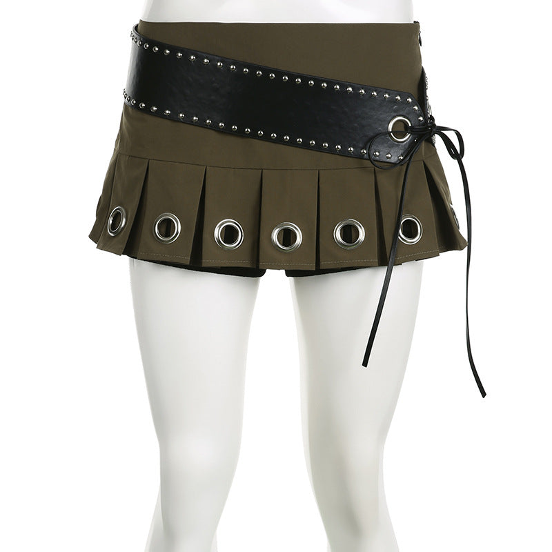 Lace Up Leather Big Belt Street Punk Sexy Pleated Skirt