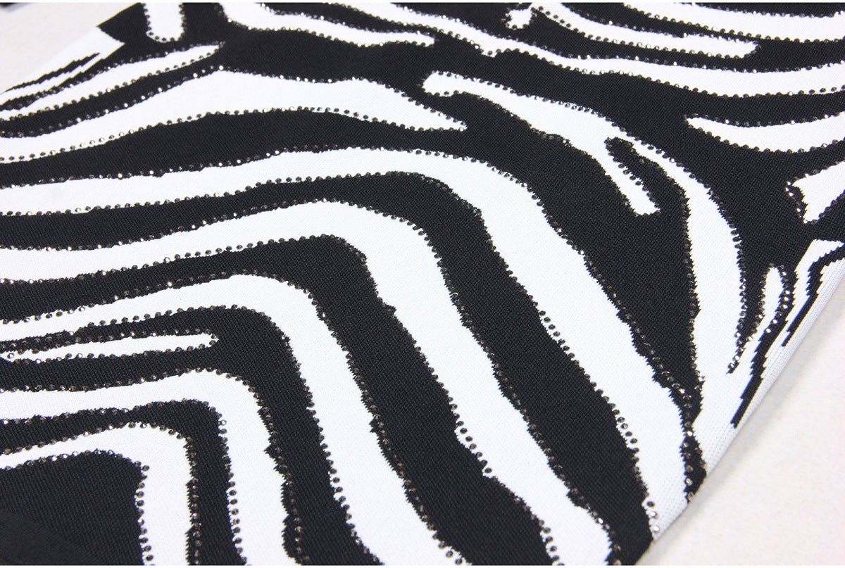 Round Neck Slim Slimming Rhinestone Zebra Knitted Dress