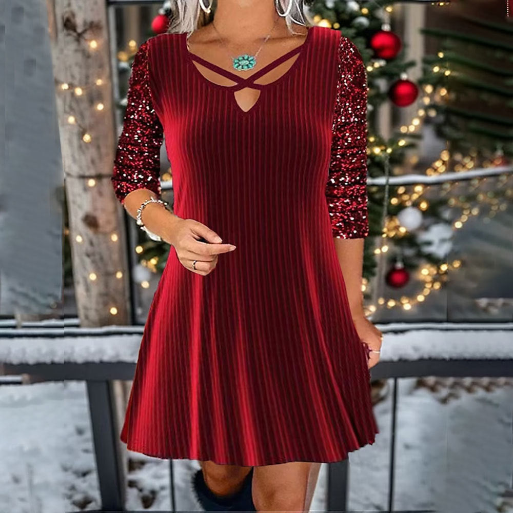 Solid Color V-neck Long Sleeve Sequin Casual Dress