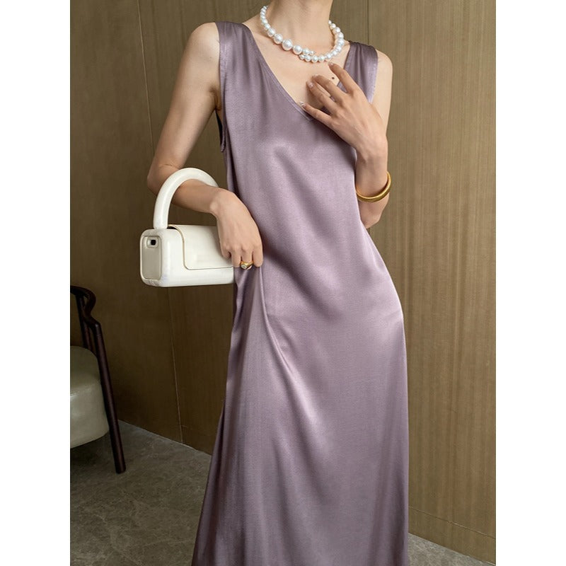 Elegant V Neck Draping Satin Sleeveless Dress