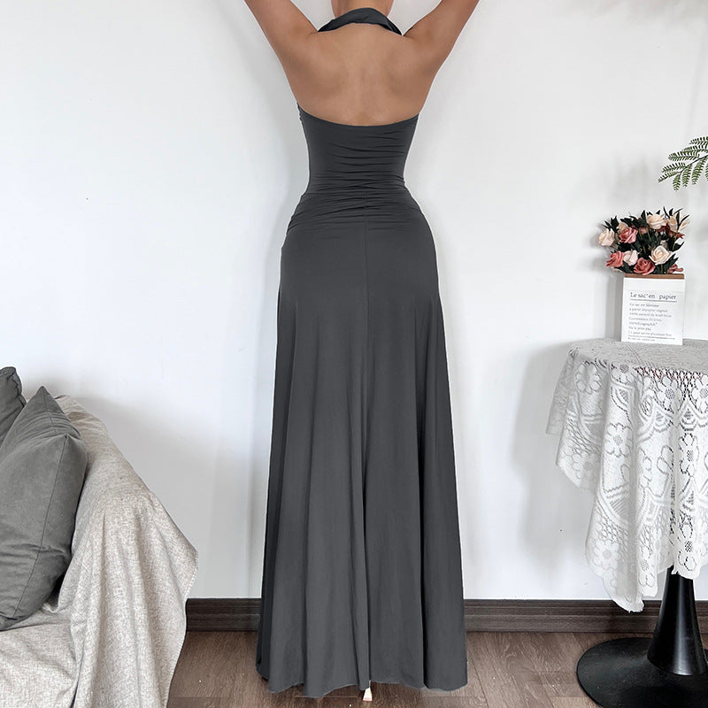 Pleated Sexy Slit Slim Halter Dress