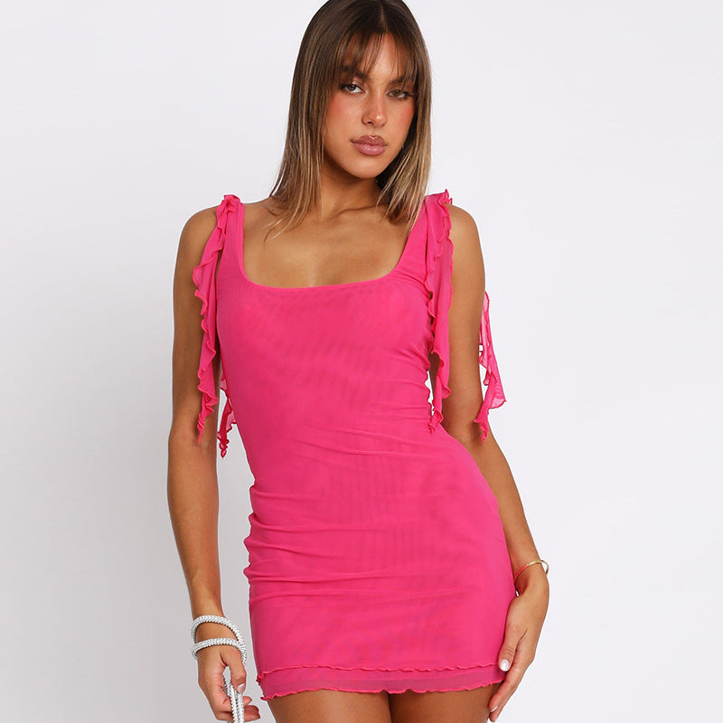 Solid Color Minority All Match Stitching Ribbon Sexy See through Double Layer Dress