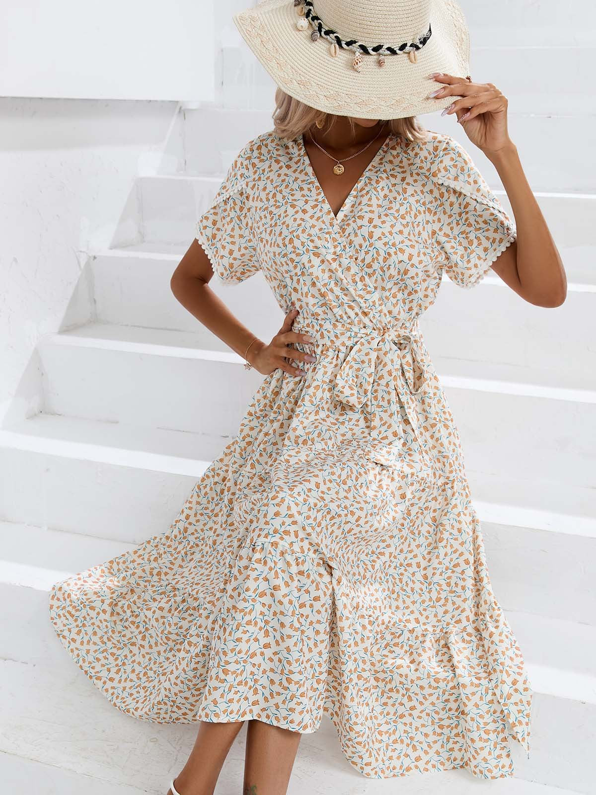 Floral Split V Neck Dress