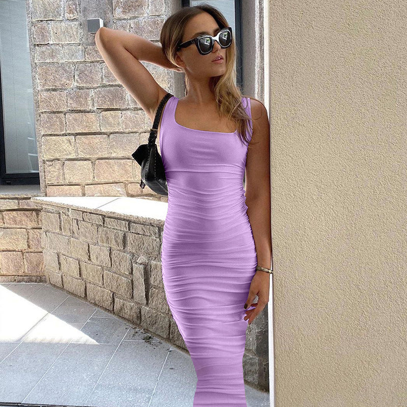 Solid Color Tight Backless Sleeveless Pleated Dress