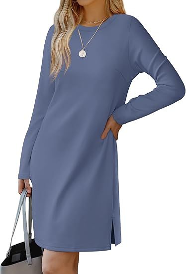 Round Neck Slit Hemline At Hem Sweater Long Sleeve Casual Dress