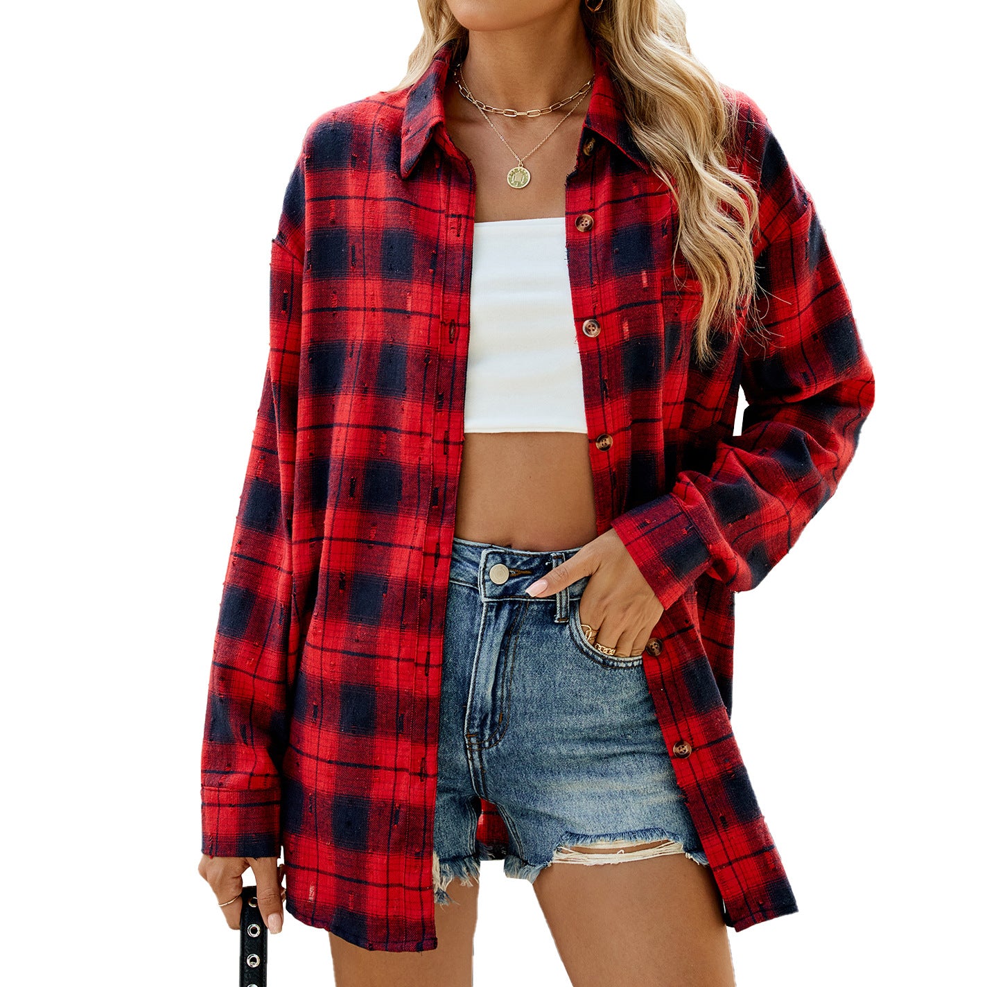 Retro Crocheted Long Sleeve Loose Lapels Plaid Shirt