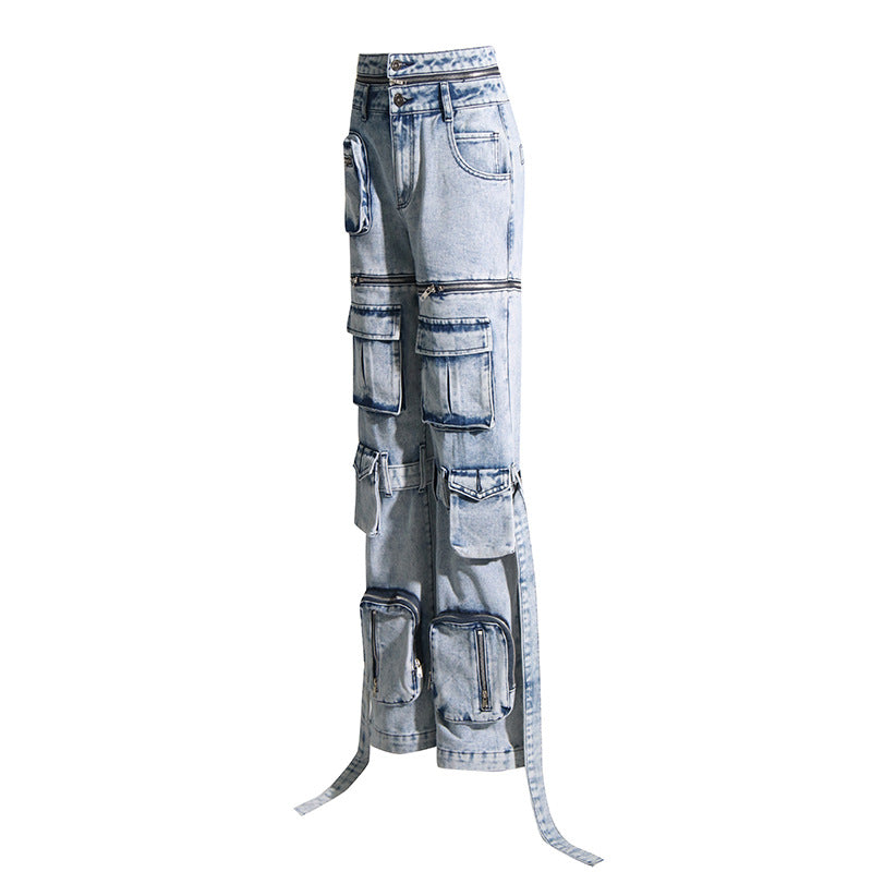 Patchwork Pocket Deconstructed High Waist Straight Jeans