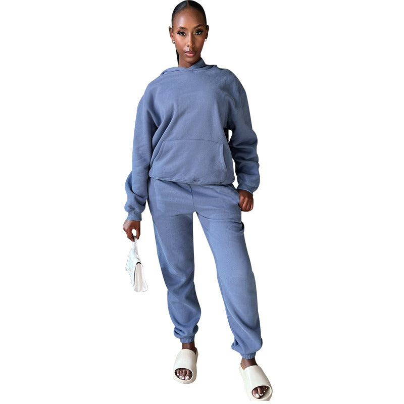 Solid Color Long Sleeve Hooded Fleece Lined Sweater Trousers Set
