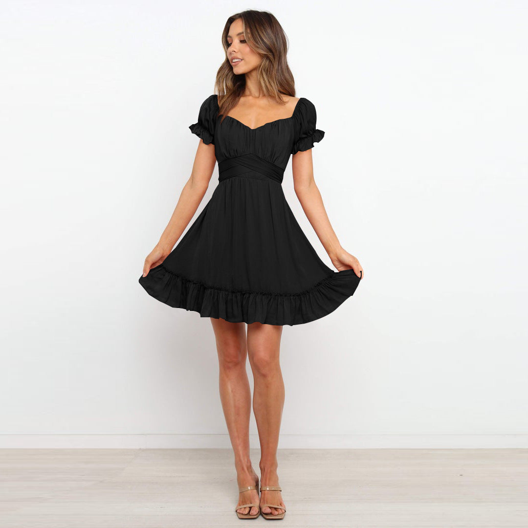 Plain Off Neck Ruffled Short Sleeves Dress