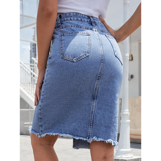High Waist Mid Length Hip Split Denim Skirt