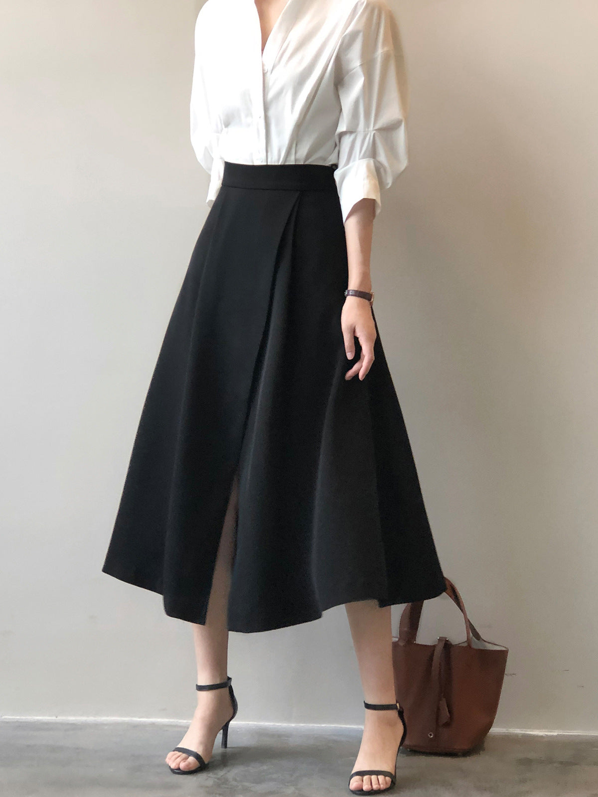 Elegant High Waist Office Slit A line Midi Skirt