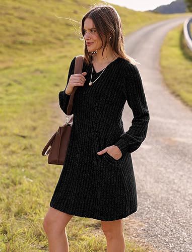 V Neck Pocket Sunken Stripe Brushed Long Sleeve Casual Dress