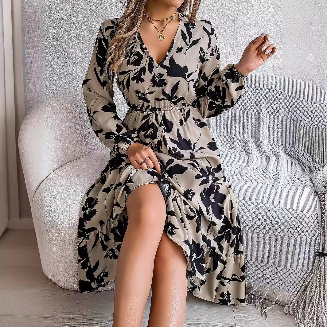 Floral Waist Controlled Long Sleeves Ruffled Dress