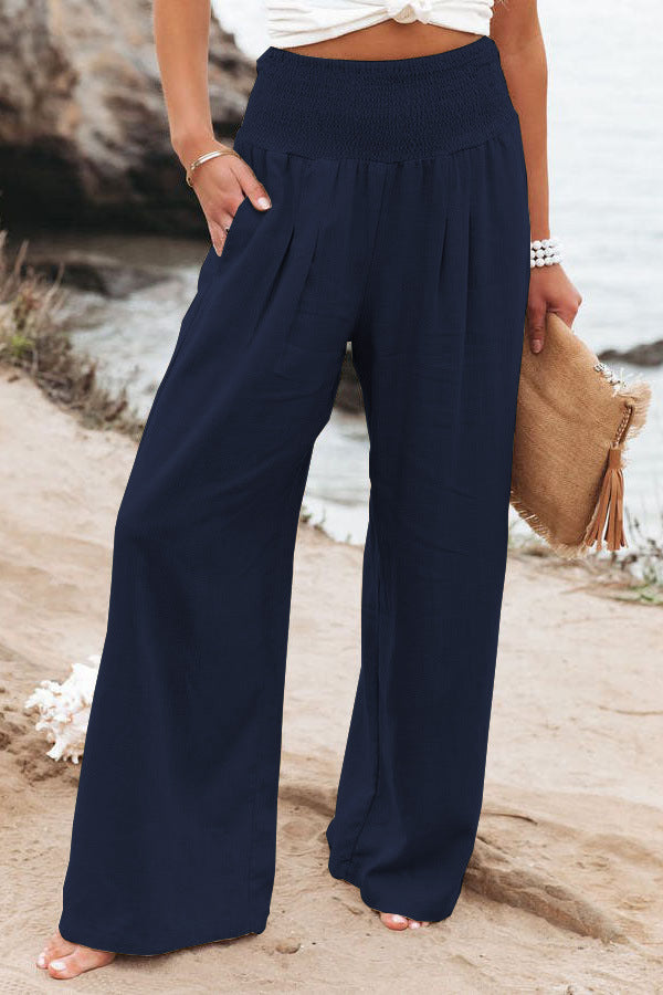 Cotton Linen Solid Color Elastic Waist Wide Leg Pants