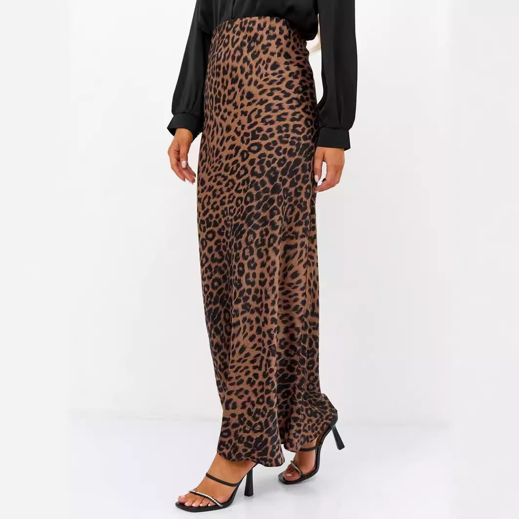 Satin Sexy Leopard Print Maxi Skirt