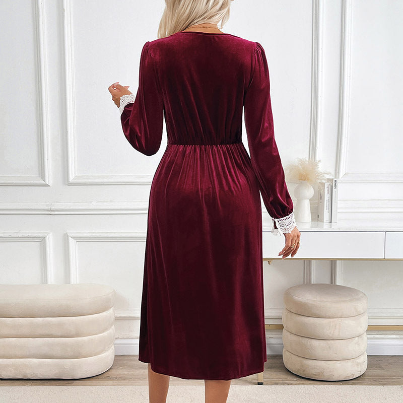 Velvet Lace Stitching Contrast Color Dress