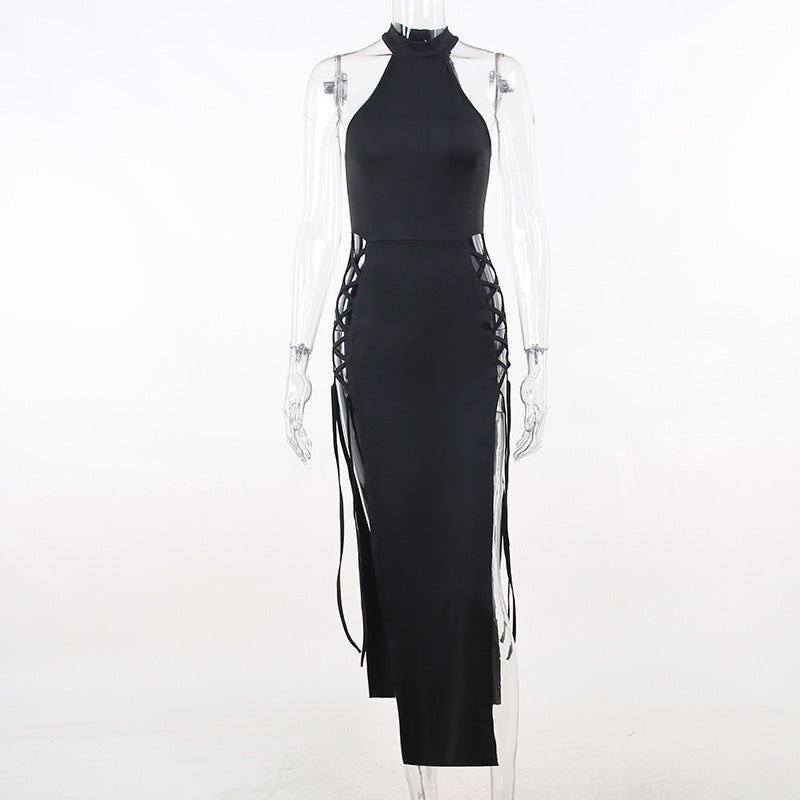 Slim Slimming Halter Hollow Out Cutout Double Slit Dress