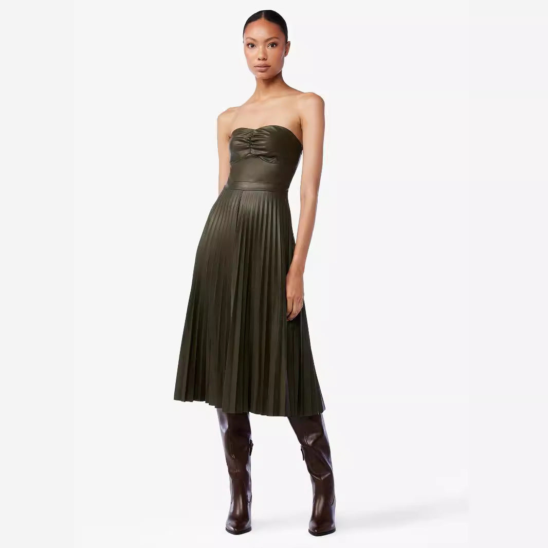 Wrapped Chest Pleated Leather Dress