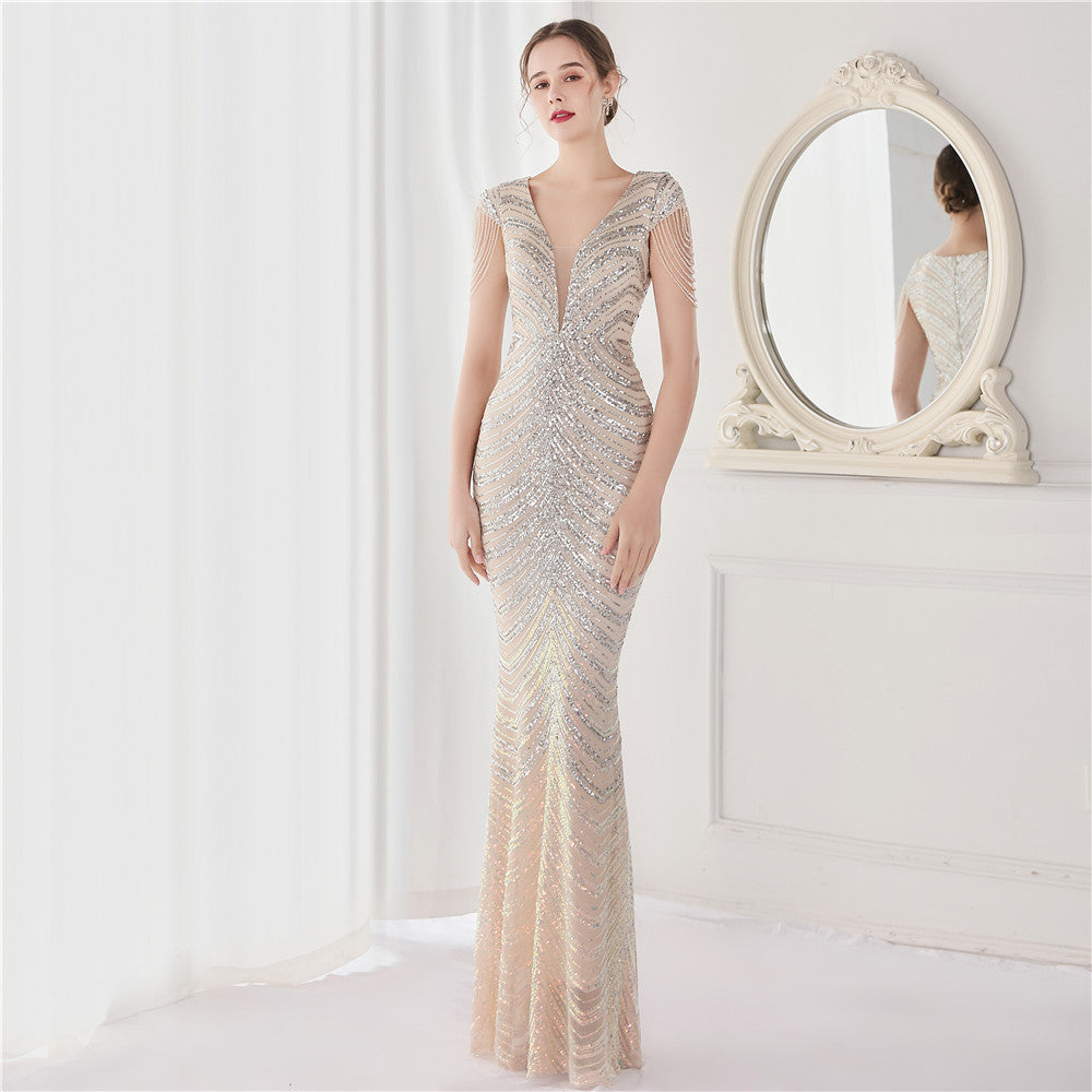 Positioning Floral Sequin Craft Beaded Party Party Evening Dress